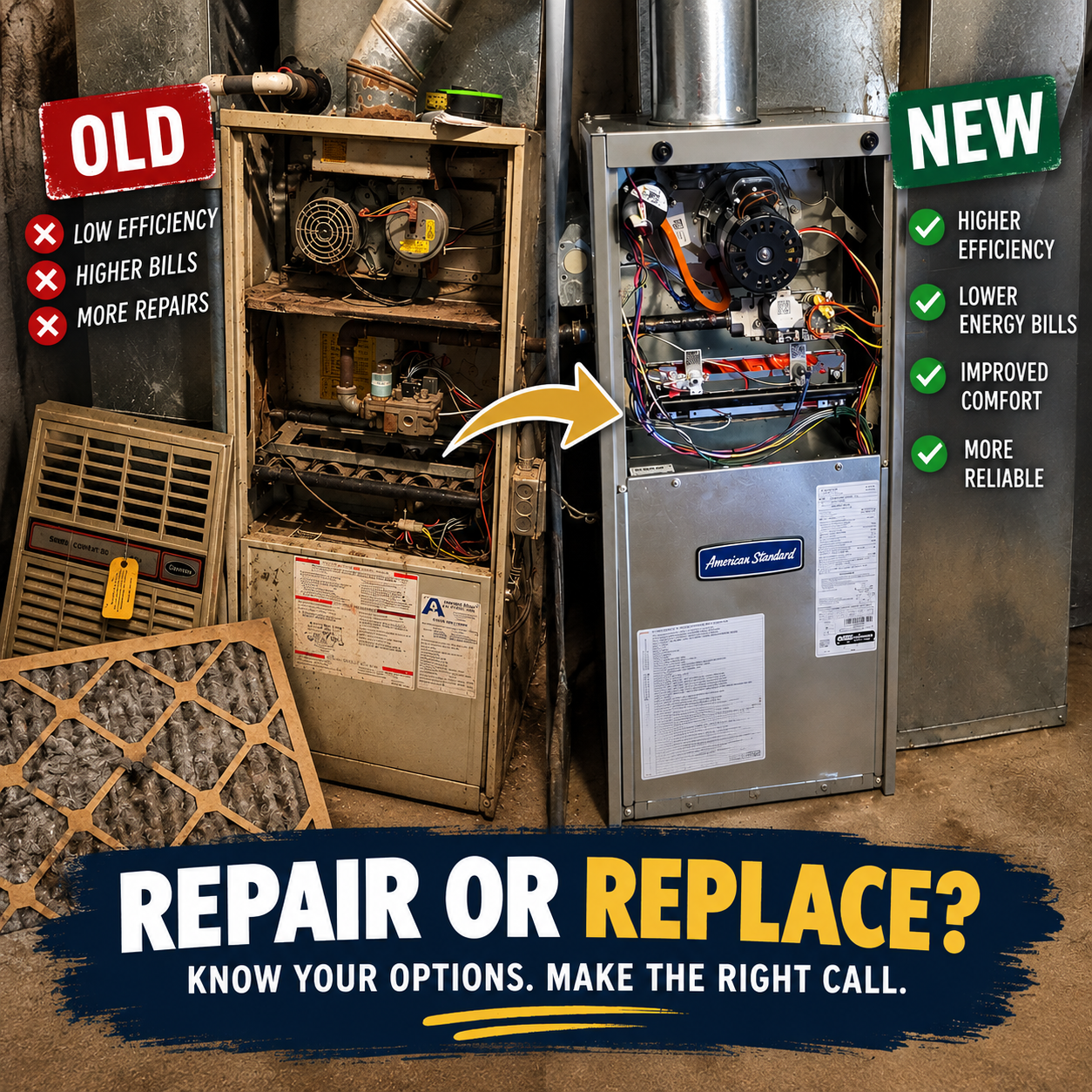 Old furnace and new furnace comparison for repair or replacement decisions